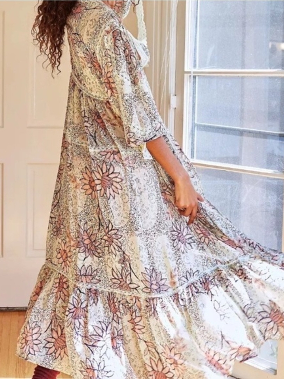 Free People | Floral Tiered Maxi Robe in Pink and Cream